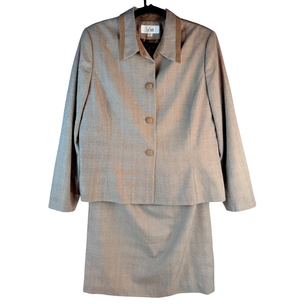 Vintage EUC LeSuit Womens Tan Brown Plaid Skirt Suit Set Size 16 Faux Suede Trim